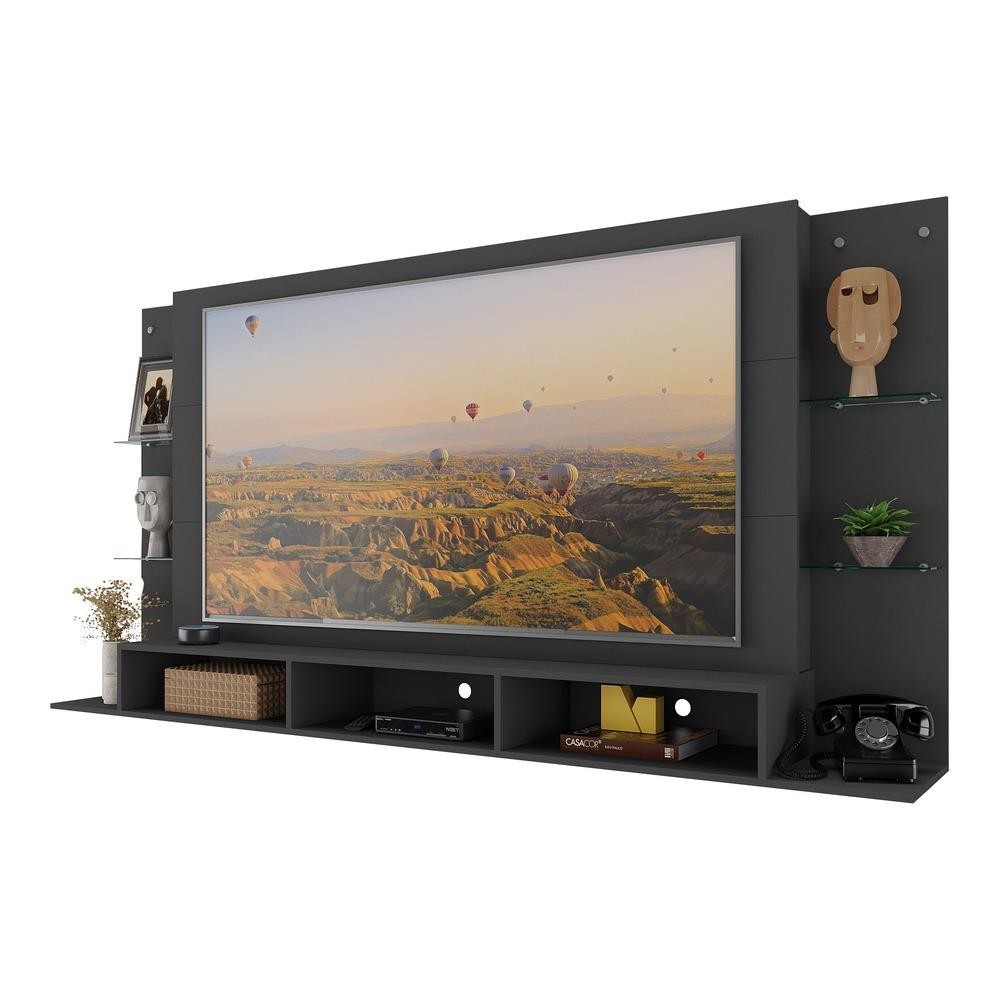 Painel TV 65" c/ Prateleiras de Vidro Nairóbi Plus Multimóveis Preto - Home & Living