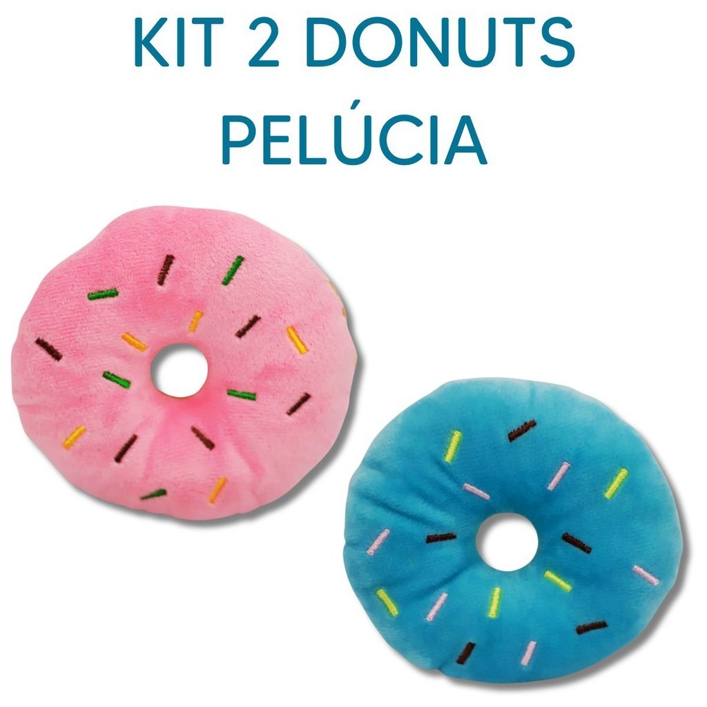 Kit 2 Pelúcia Brinquedo de Cachorro Pet Rosquinha Donuts Rosa Azul Mordedor com Apito Som