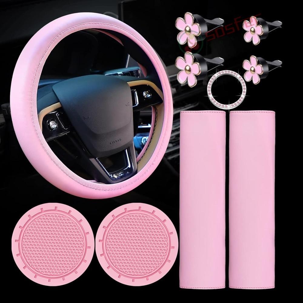 SOSFER 10 Pcs Tampa Do Volante , Conjunto De Acessórios Para Carros Em Couro PU Série Pink , Decorações Anel De Botão De Partida De Flores Interior De