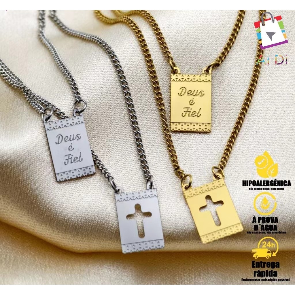 Escapulário Cartie Unissex com Cruz "Deus é Fiel" - Texturizado Veneziano Banhado a Ouro e Prata 18K