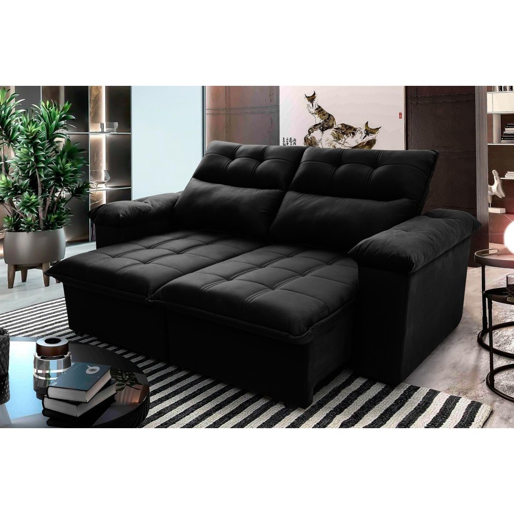 Sofá Retrátil Reclinável Verona 1,80m Suede Velut Preto  Molas no Assento - King House - Home & Living