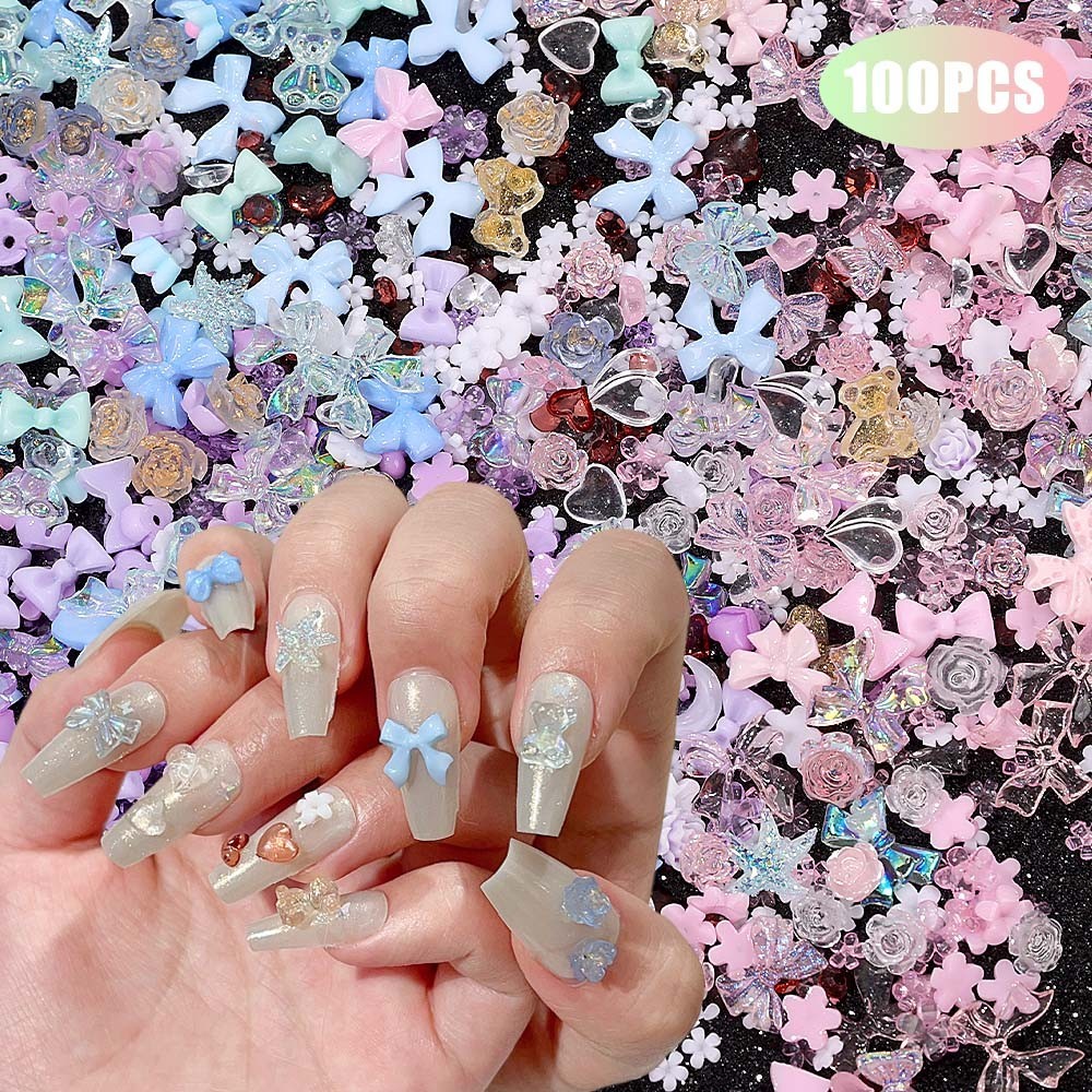 100 Pcs Butterfly Nail Art Jewelry-Doces Cor Decoração Diamantes-3D De Unhas Transparente-Ornamentos Jelly Bowknot-Acessórios De Manicure DIY