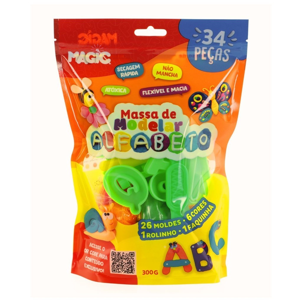 Massinha de moelar com alfabeto, rolinho e faca 34 peças