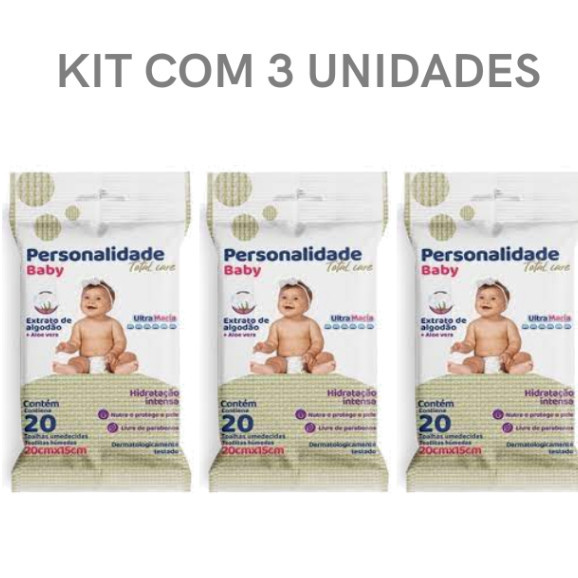 Kit 60 Lenços Umedecidos Personalidade Baby Pochet - 3 Pacotes de 20 Un
