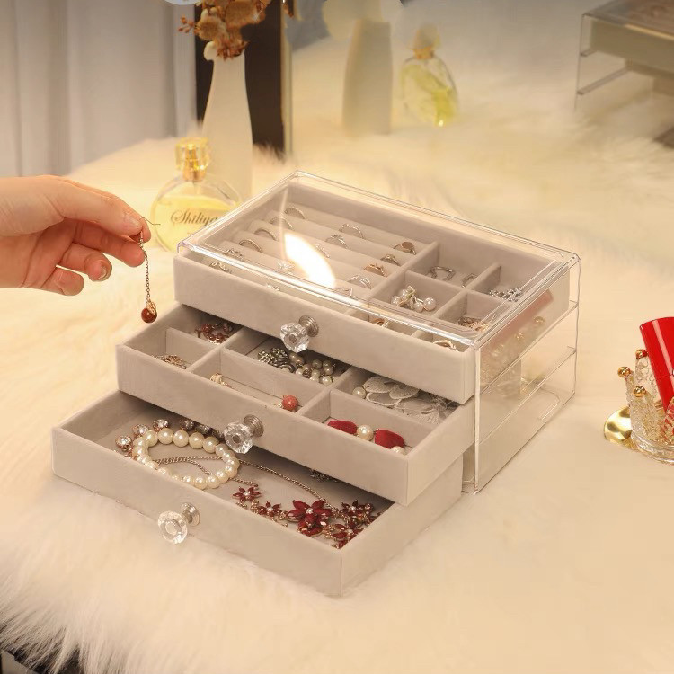 Porta Joia Acrílico Luxo Com 3 Camadas Brinco Anel Compartimento caixa de armazenamento de jóias-COR BEGE