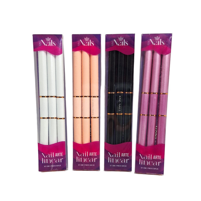 Kit de 3 Pincéis Duplos Nails Art Linear Cores Variadas - King Nails