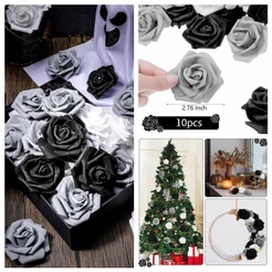 10 Pcs Preto Branco Falsas Rosas De Espuma Flores Artificiais De Natal A Granel Sem Haste Decorações De Halloween
