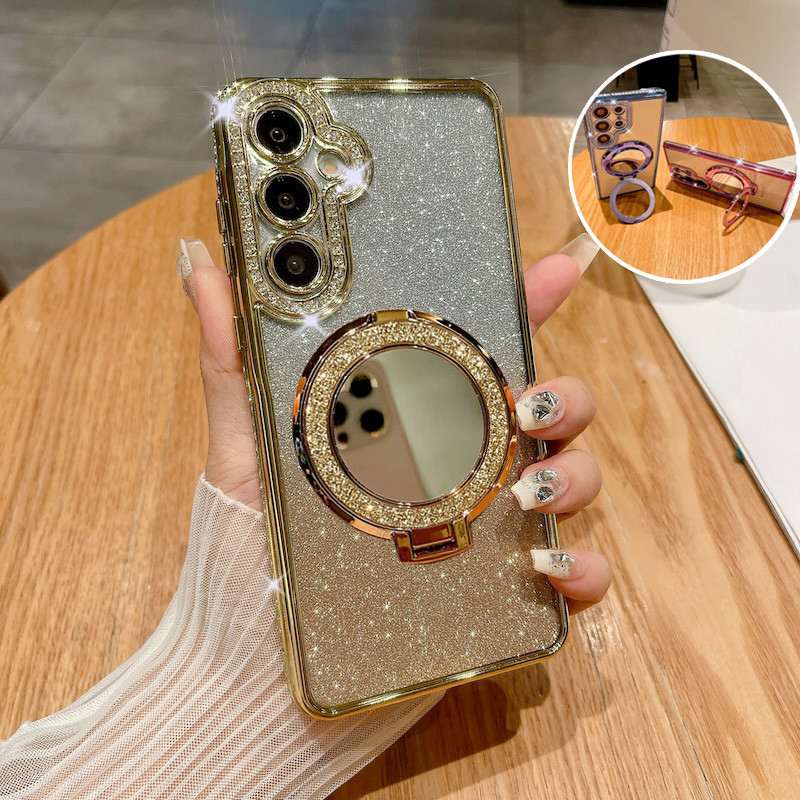 Luxo Glitter Espelho Anel Titular Caso Para Samsung A07 A17 A16 A26 A36 A56 A14 A34 A54 A15 A25 A24 A35 A55 5G Carregame