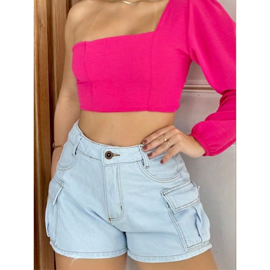 Shorts Jeans Cargo Feminino Curto Tecido Marmorizado 100% Algodão