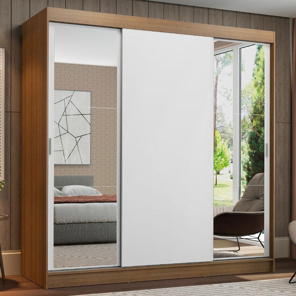 Guarda-Roupa Casal Madesa Reno 3 Portas de Correr com Espelhos - Rustic/Branco - Home & Living