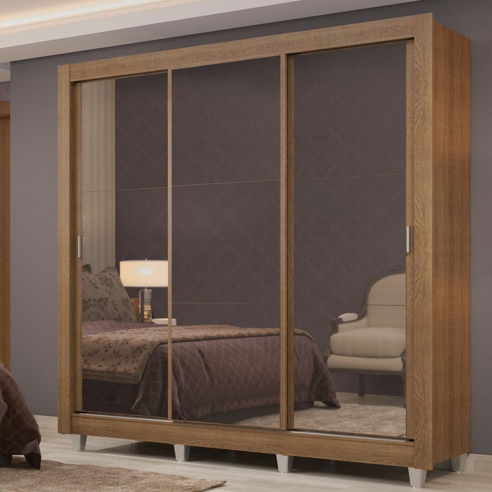 Guarda Roupa Casal Madesa Lyon Plus 3 Portas de Correr de Espelho 4 Gavetas com Pés - Rustic em Oferta na Shopee
