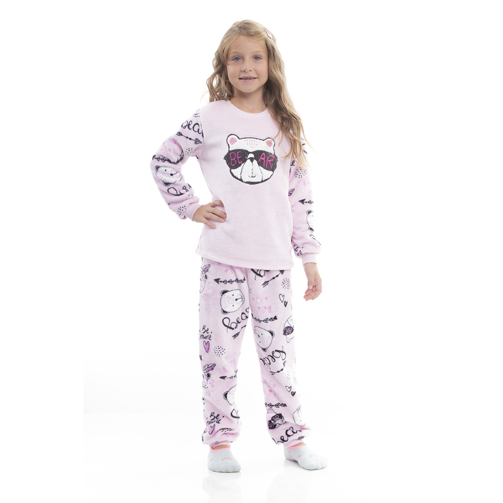 Pijama Inverno Longo Soft Fleece Com Punho Infantil Menina Bordado Ursinho Rosa