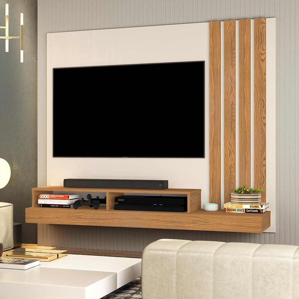 Painel Para Sala Estar Tv Smart Requinte para Tv de 55 Polegadas Ripado Off White / Nature