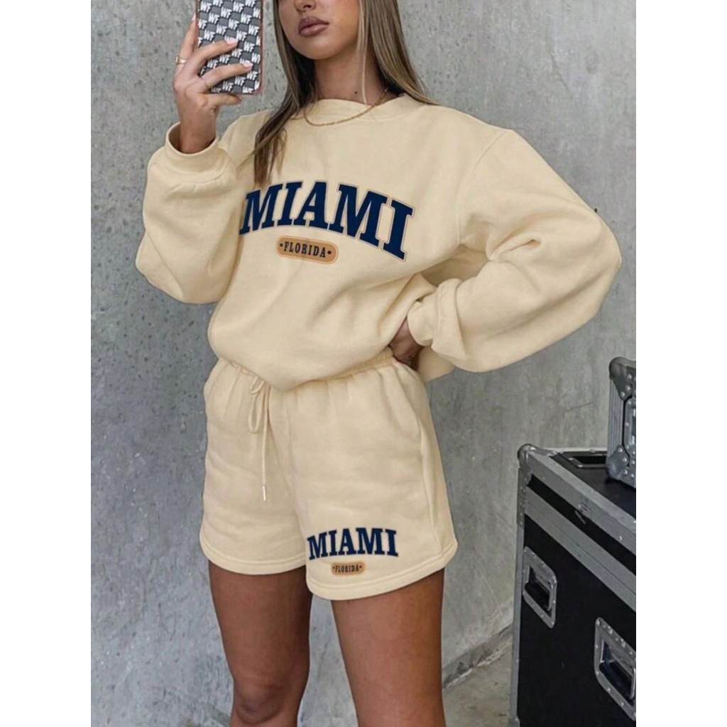 Conjunto moletom blusa Miami manga longa e short curto moda feminina confortavel flanelado coleção 2025