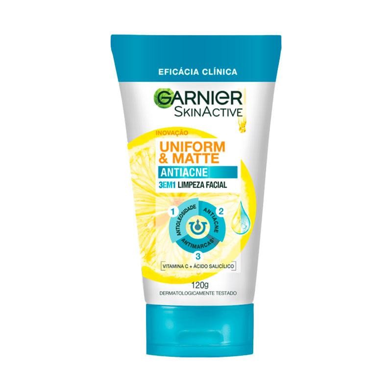 Limpeza Facial 3EM1 Garnier SkinActive Uniform & Matte Antiacne 120g em Oferta na Shopee