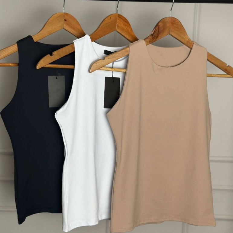 Kit 3 Regatas Aline Blusinha Feminina Suplex Duplo Básica Lisa Elegante Blogueira Tendência Casual