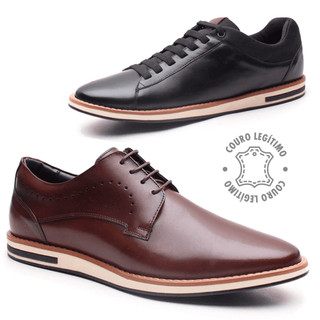 Kit 2 Pares Sapatênis Casual Oxford Masculino Couro Legítimo Elt Preto Marrom Mogno Fechamento elástico