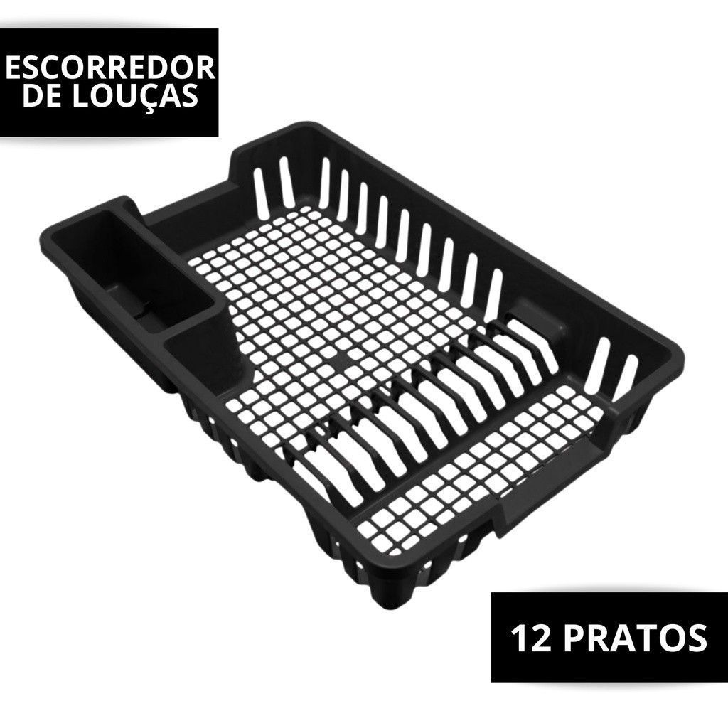 Escorredor de Louças Plástico 12 Pratos Porta Talheres Preto Plastico Copo Talher Pratos Oferta Cozinha Prático