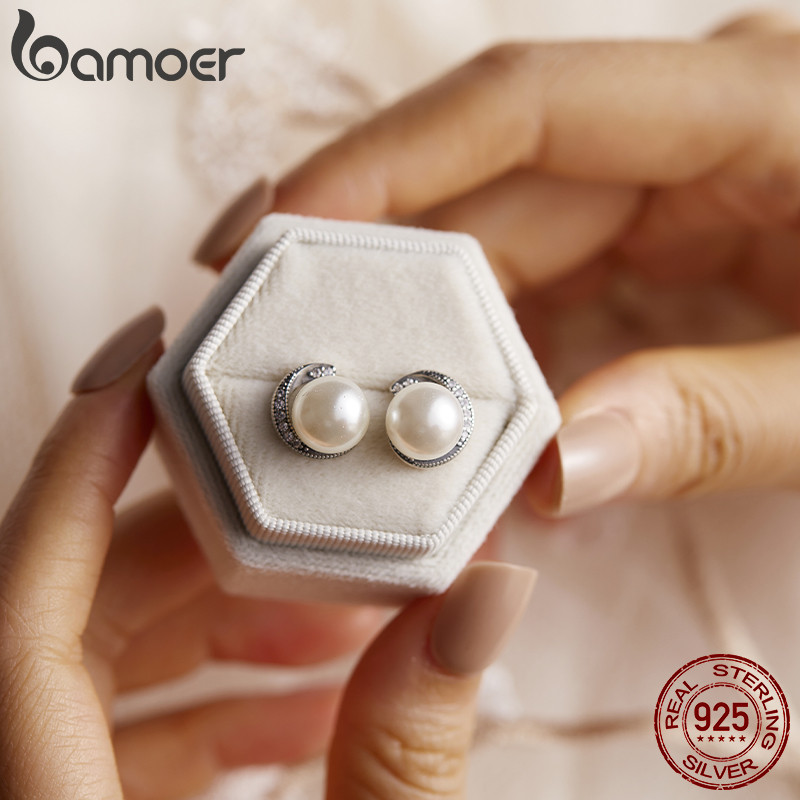 Bamoer Brincos De Pérola Jóias 925 Prata Esterlina Branco Push-back Tarraxa Para Mulheres Bijuterias SCE021 em Oferta na Shopee