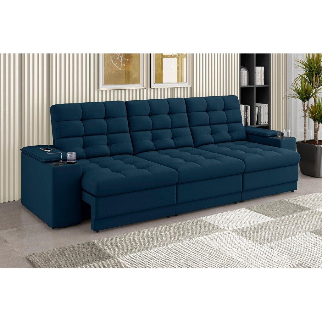 Sofá Confort Premium 2,30m Assento Retrátil/Reclinável porta copos e USB Suede Petróleo -XFlex Sofas