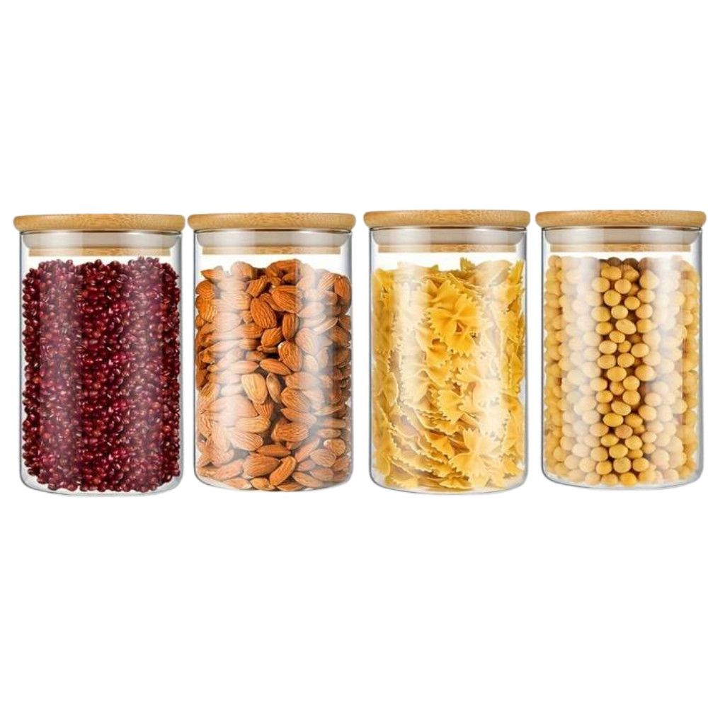 KIT 4 POTES PARA ALIMENTOS DE VIDRO COM TAMPA BAMBU 650ML