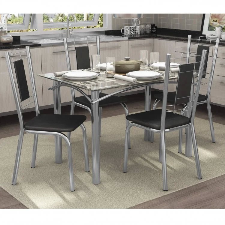 Conjunto Sala de Jantar Mesa Tampo de Vidro Retangular Elba e 4 Cadeiras Florença Crome 4 em Oferta na Shopee