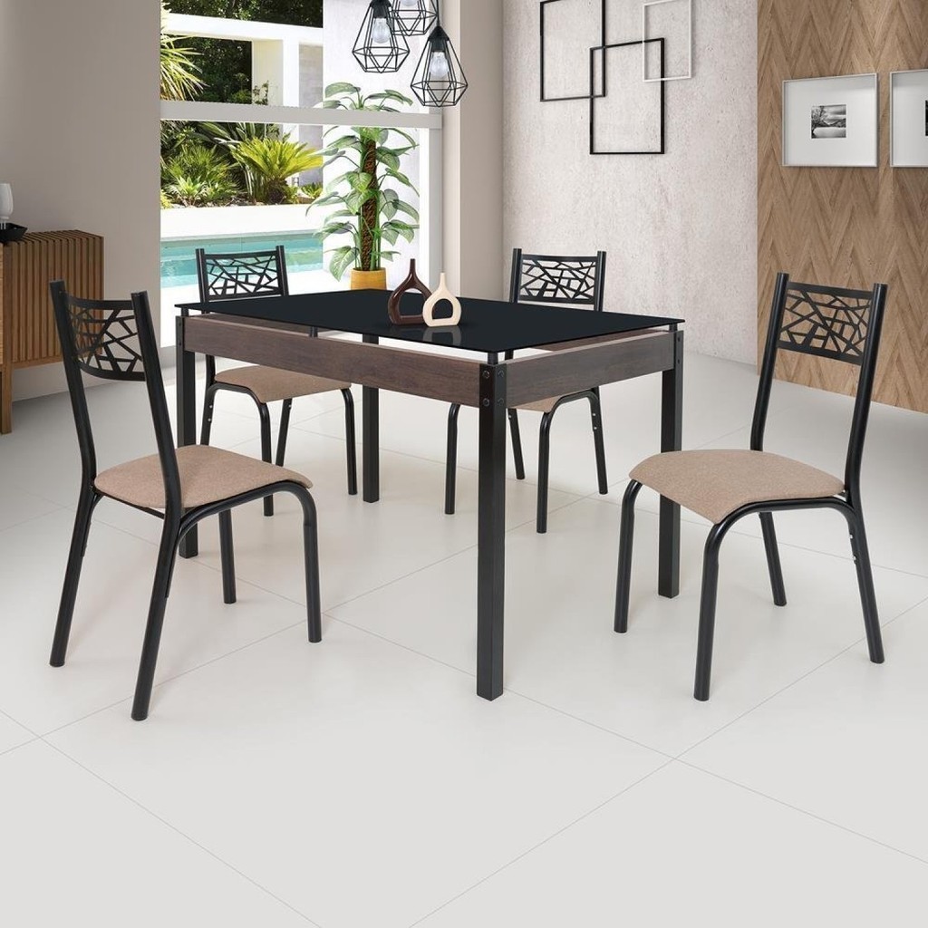 Conjunto Sala de Jantar Mesa Jade 120x75cm Tampo Vidro com 4 Cadeiras  Preto/Linho Bege - Home & Living