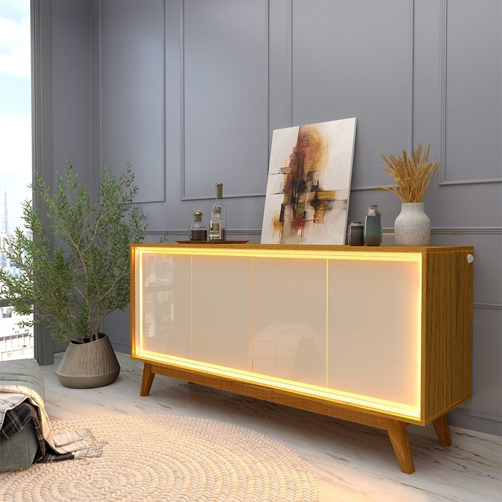 Buffet Aparador 4 Portas com LED 160cm Pés Madeira 100% MDF - Home & Living