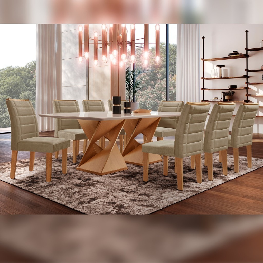 Conjunto Sala De Jantar Genova Tampo Vidro/MDF com 8 Cadeiras Genova Smart Plus  Cinamomo/Off White/Areia em Oferta na Shopee