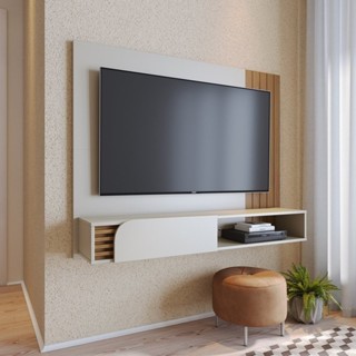 Painel Ripado para TV até 55 Polegadas Suspenso 1 Porta Jurerê Off White Matte/Freijó em Oferta na Shopee