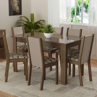 Conjunto Sala de Jantar Mesa Tampo de Vidro 6 Cadeiras Rustic/Crema/Bege Marrom Heloísa Madesa em Oferta na Shopee