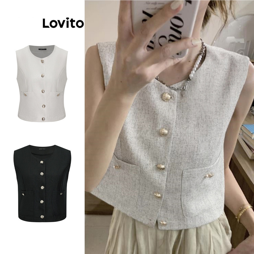 Lovito Elegante Blusa Feminina Lisa com Bolso e Botão L68ED310 (Multicor)