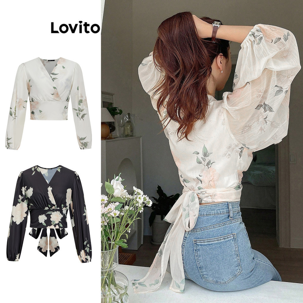 Lovito Boho Blusa Feminina Floral Cruzada de Malha Contrastante L68ED025 (Multicor)