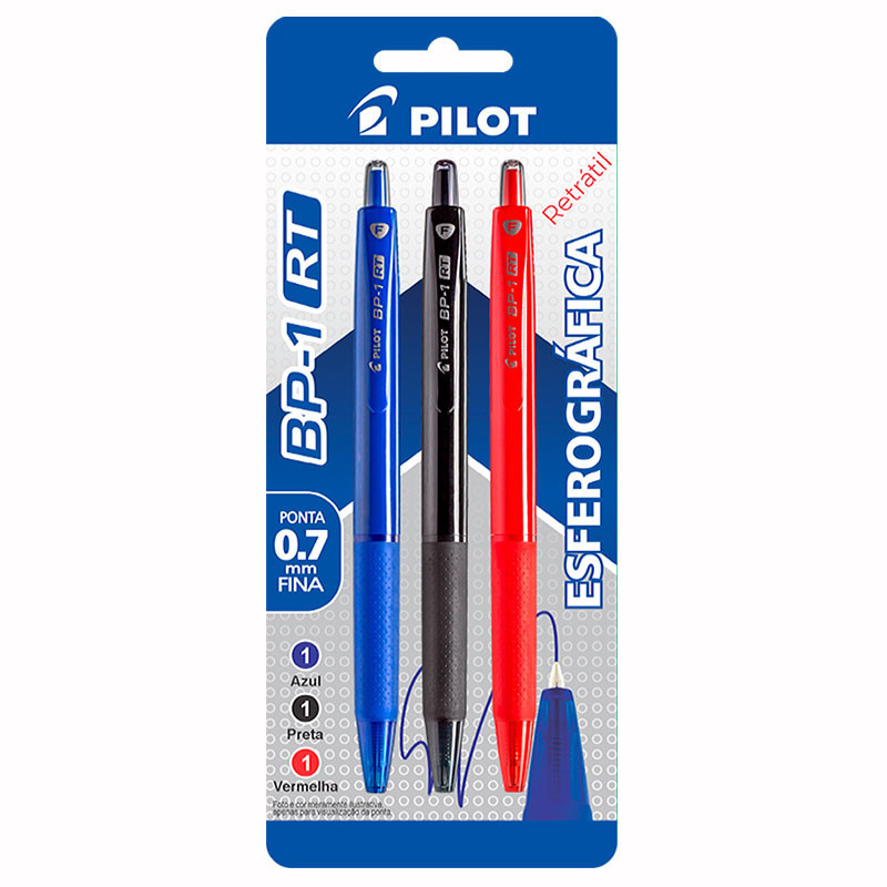 Caneta esferográfica 0.7 retrátil BP-1RT blister com 3 unid AZ/PT/VM Pilot - Stationery