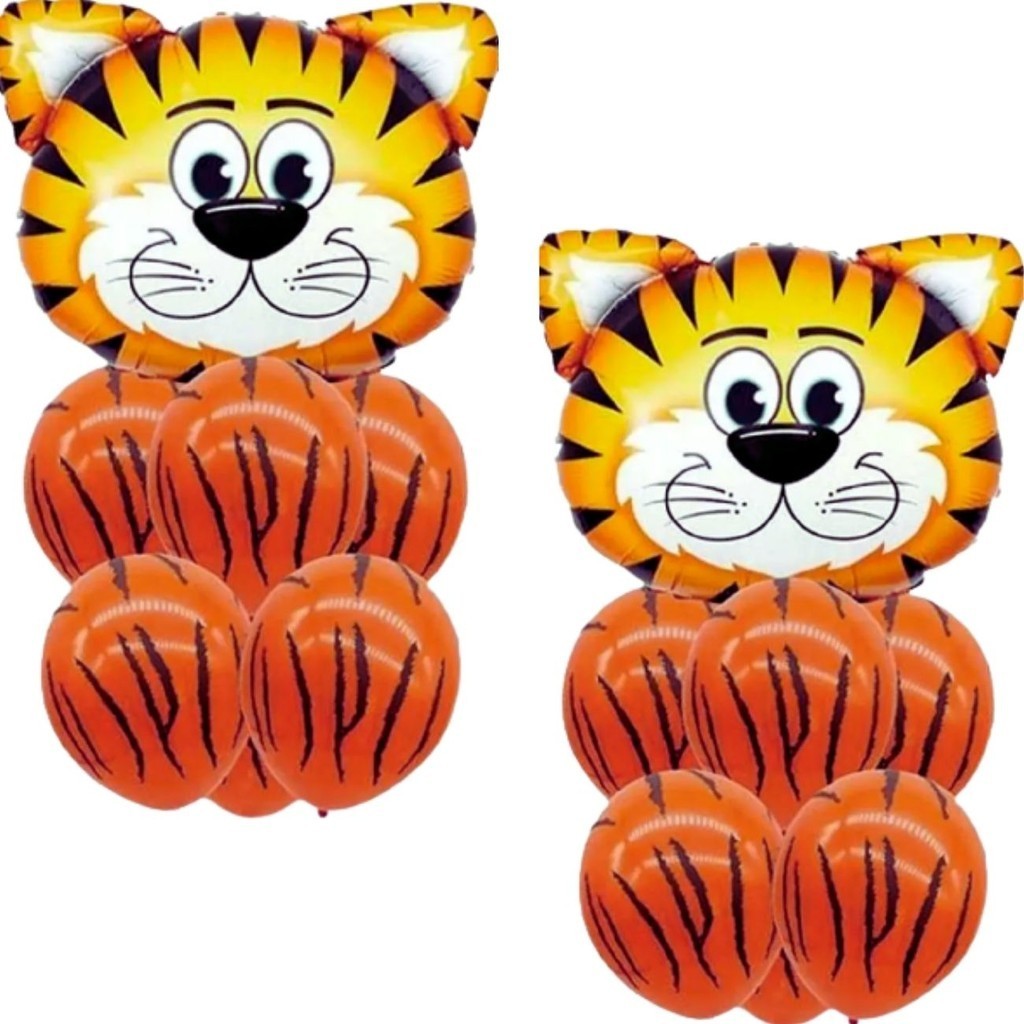 Kit Celebração Safari Tigre: 2 Balões Metalizados Tigre ± 56 Cm + 25 Balões Látex Estampados N9 Tigre