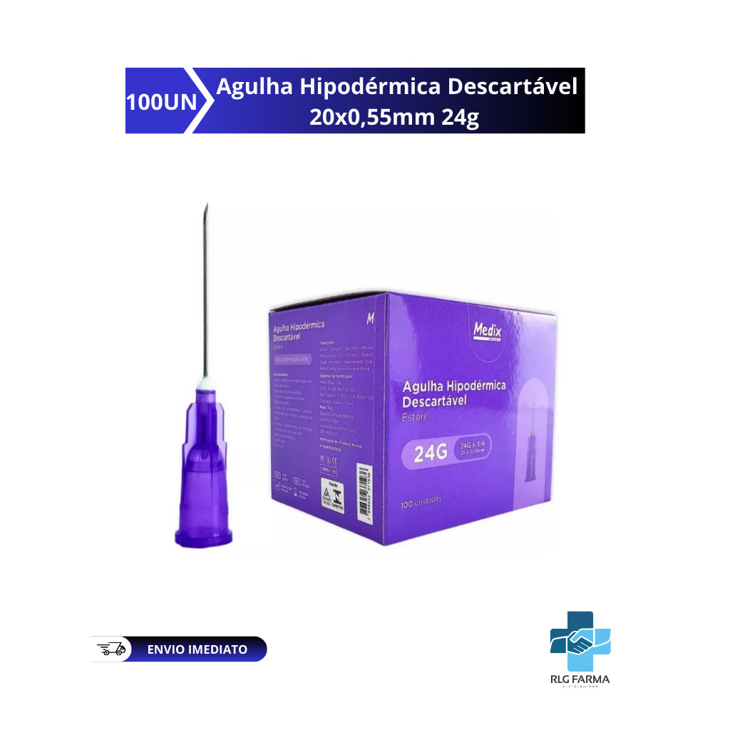 Agulha Hipodérmica Descartável 20x0,55mm 24g (Roxa) Caixa C/100 - Medix