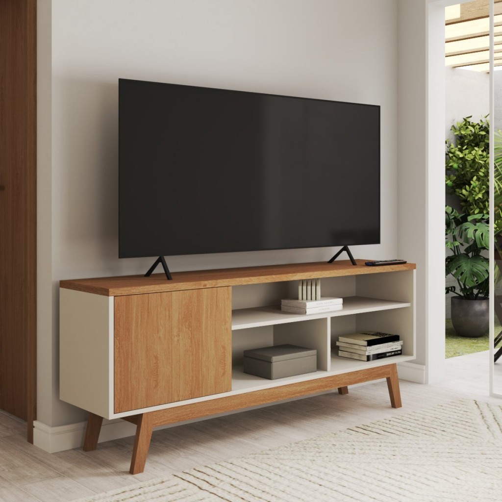 Rack para TV Até 50 Polegadas Trento 1 Porta Off White/Nature - Panorama Móveis em Oferta na Shopee