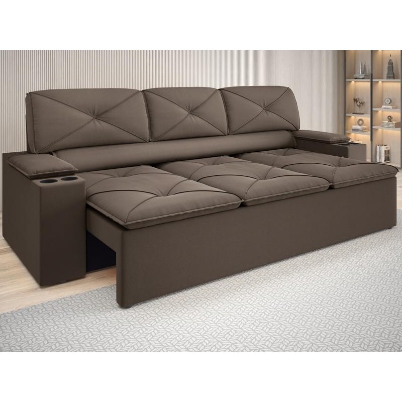 Sofá com Porta Copos Retrátil e Reclinável Pop 2,05m Velosuede Marrom - NETSOFAS em Oferta na Shopee