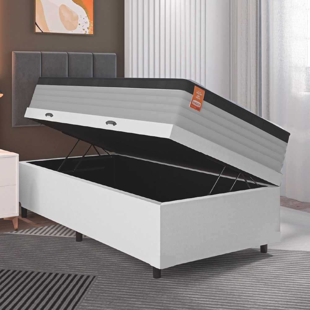 Cama Box Baú Colchão Solteiro Molas Ensacadas Real 88x188x68cm Branco / Preto Inducol