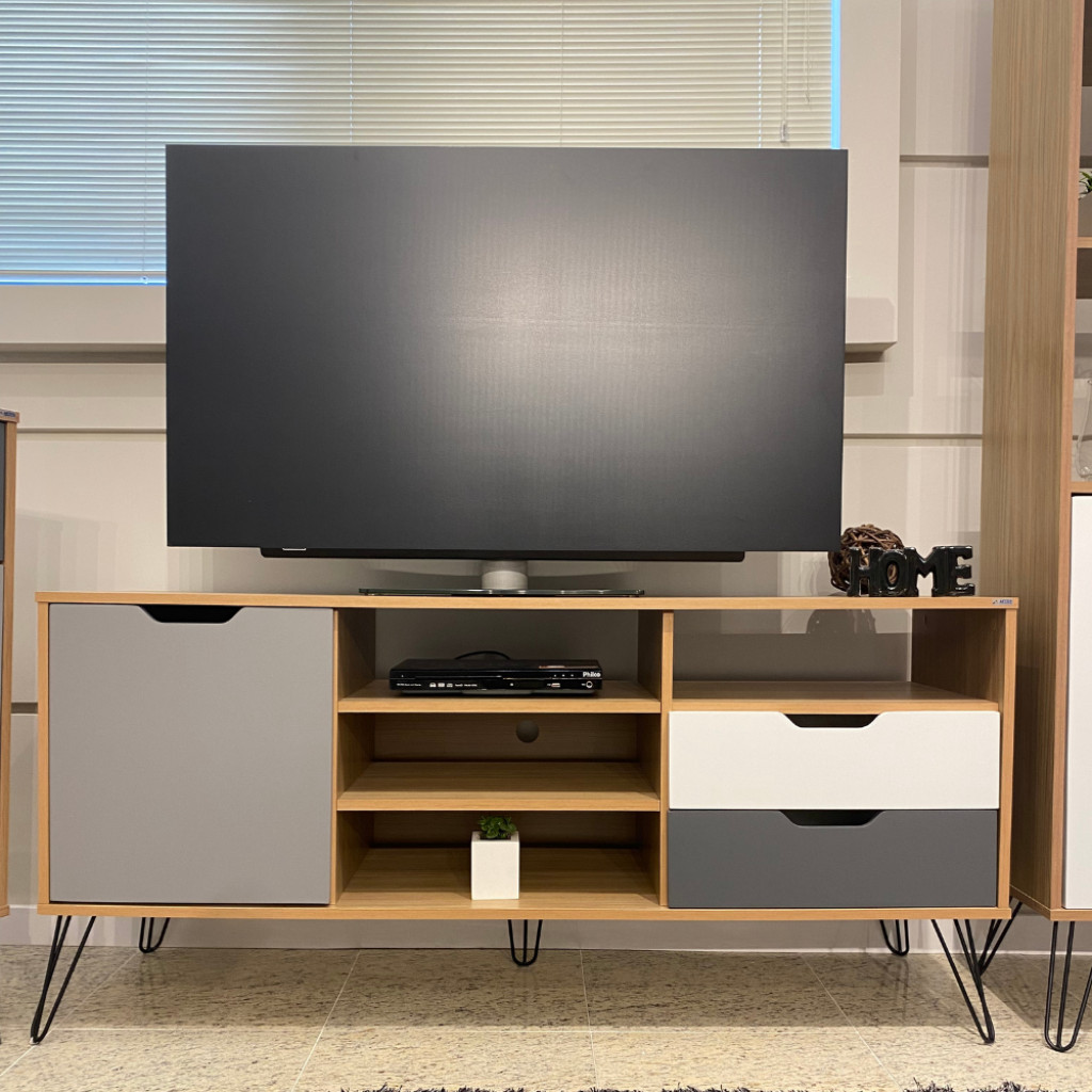 Rack para TV Até 60 Polegadas Estocolmo 1 Porta 2 Gavetas Carvalho/Grafite/Branco/Prata - Artely em Oferta na Shopee