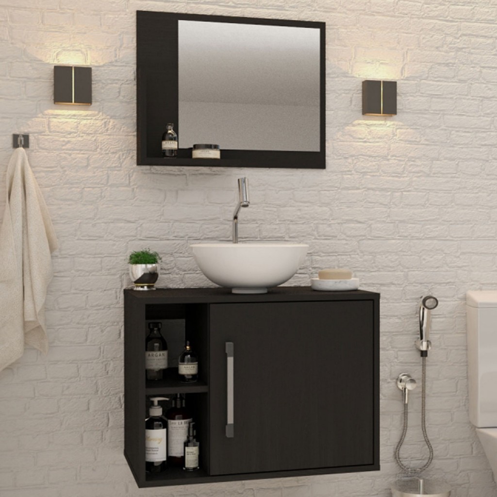 Armário de Banheiro com Cuba e Espelho 1 Porta 2 Prateleiras Preto ônix 13688 - Compace - Home & Living
