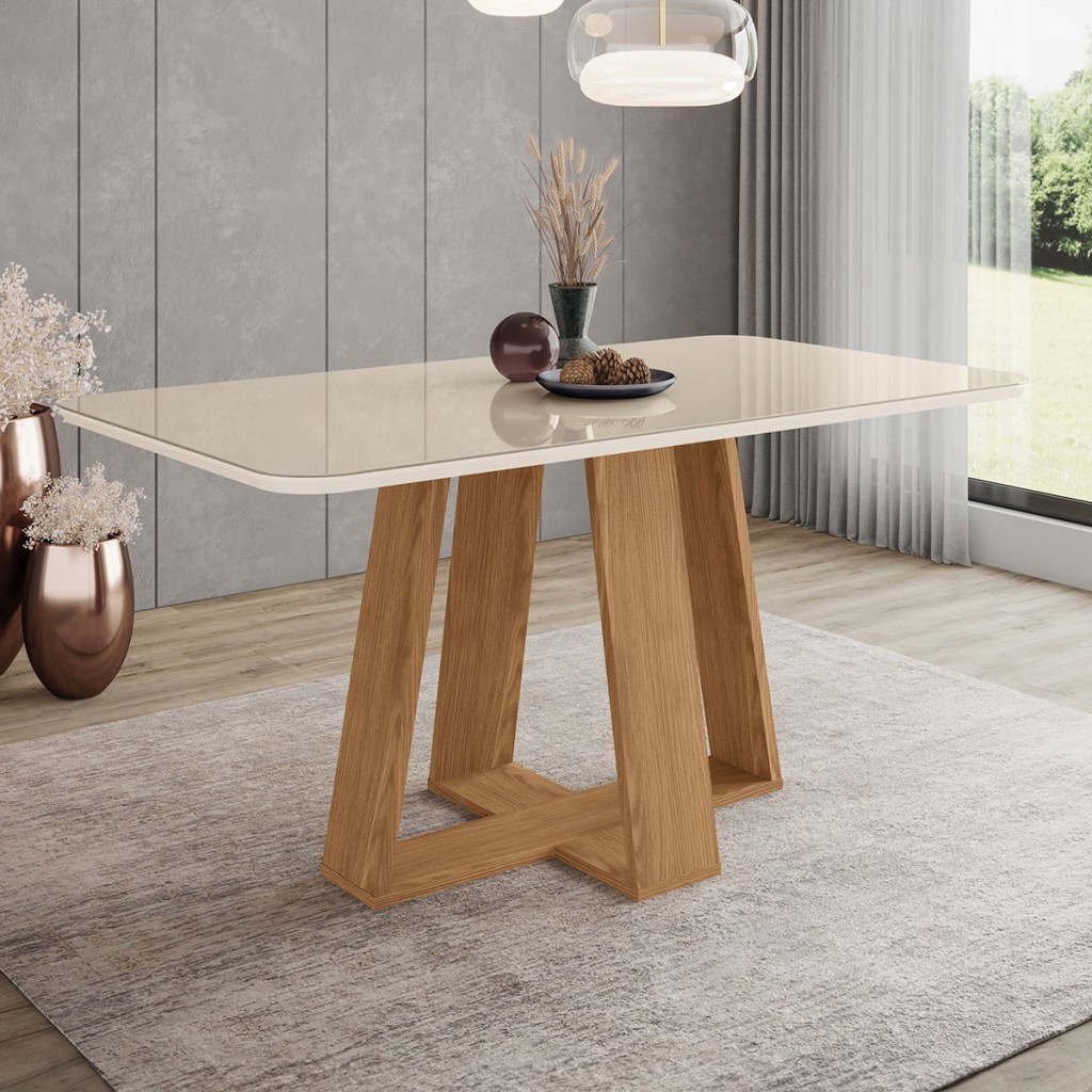 Mesa de Madeira Lins com Vidro Canto Arredondado Nature/Off White Sc92 - Henn em Oferta na Shopee