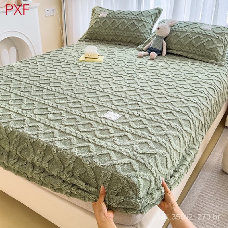 Com Fronha Flanela Colchão Capa Cor Sólida Coral Fleece Cama Capa de Almofada Protetora Antiderrapante, Single King Size em Oferta na Shopee