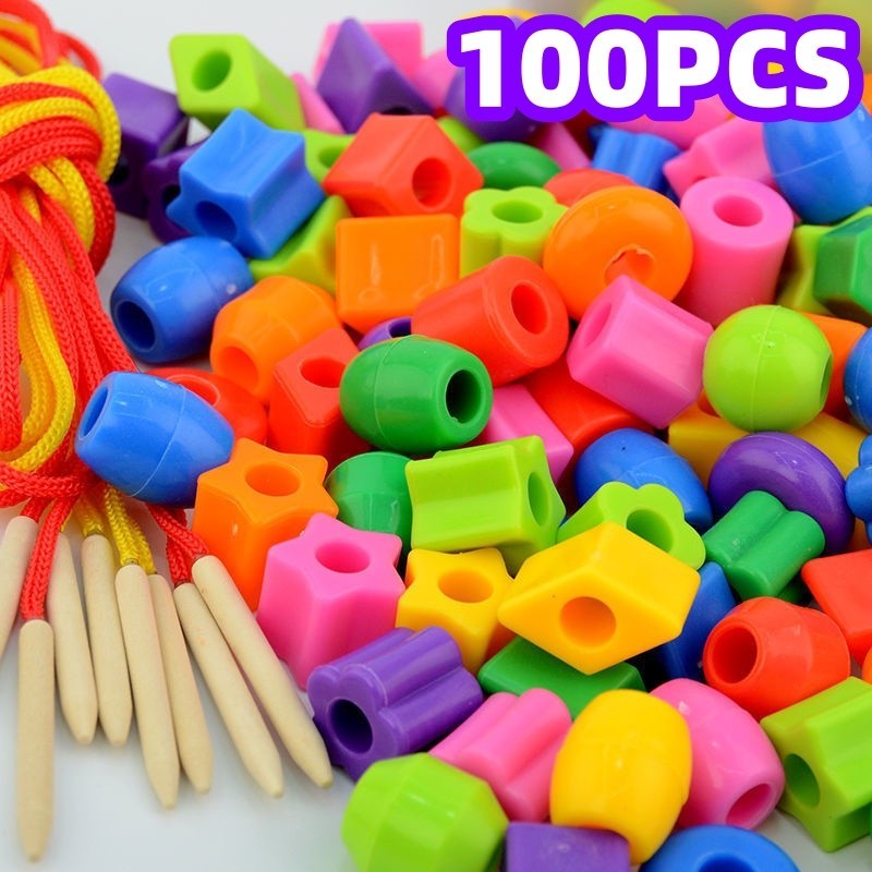 100pcs Kids String Beads Toy Rope Threading Toys Montessori Fine Motor Skill Concentração Infantil Educação em Oferta na Shopee