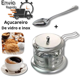 Açucareiro de Vidro e Aço Inox Com Tampa e Colher porta açucar cantinho do cafe em Oferta na Shopee