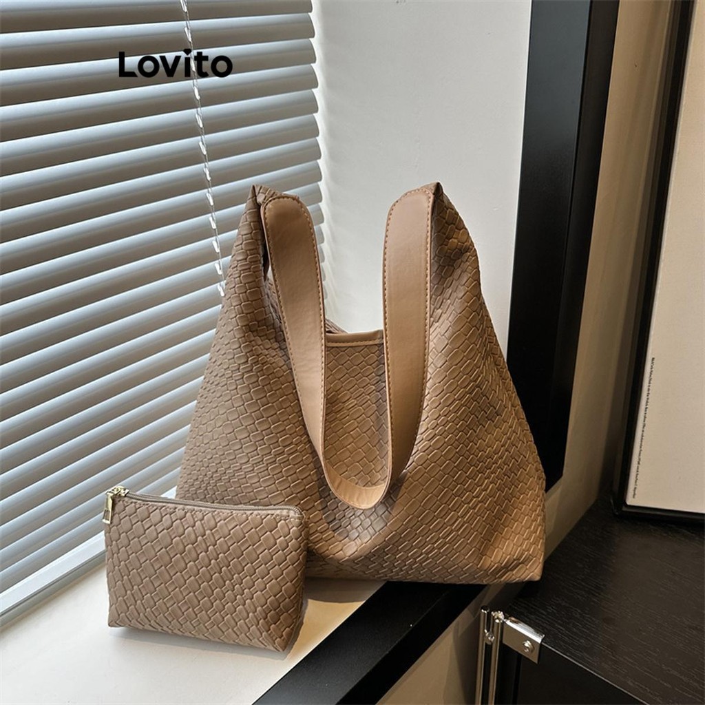 (Trendy) Lovito Sacolas Lisas Casuais E Sacola De Ombro Para Deslocamento Diário Para Mulheres LFA67057 em Oferta na Shopee