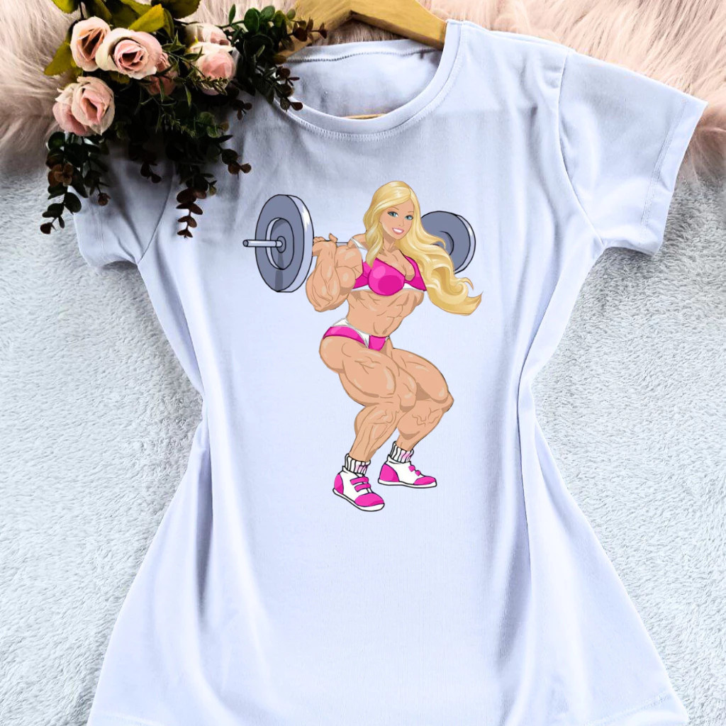 Camiseta Mulher Forte Fitness Vários Modelos Academia Barbie Maromba Mulher Maravilha Pesos Academia 100% Algodão