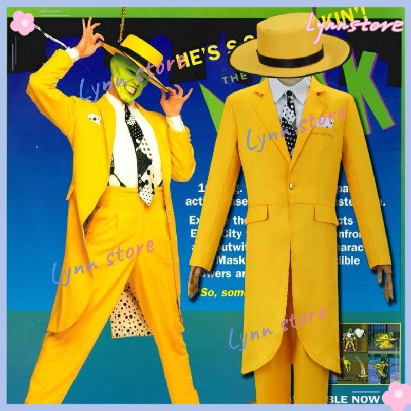 Detalhes do A Máscara Cosplay Jim Carrey Traje Amarelo Terno Uniformes Chapéu Conjunto Halloween Anime Festa Carnaval