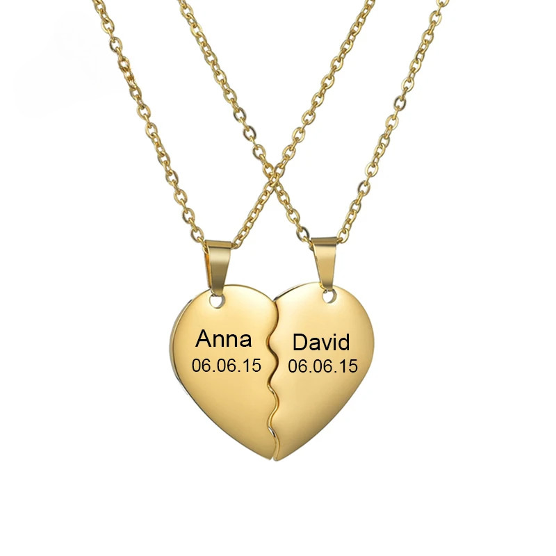 Colar Com Nomes De Coração Personalizados Para Casal , 1 Par De Data De Nome Gravado Em Aço Inoxidável