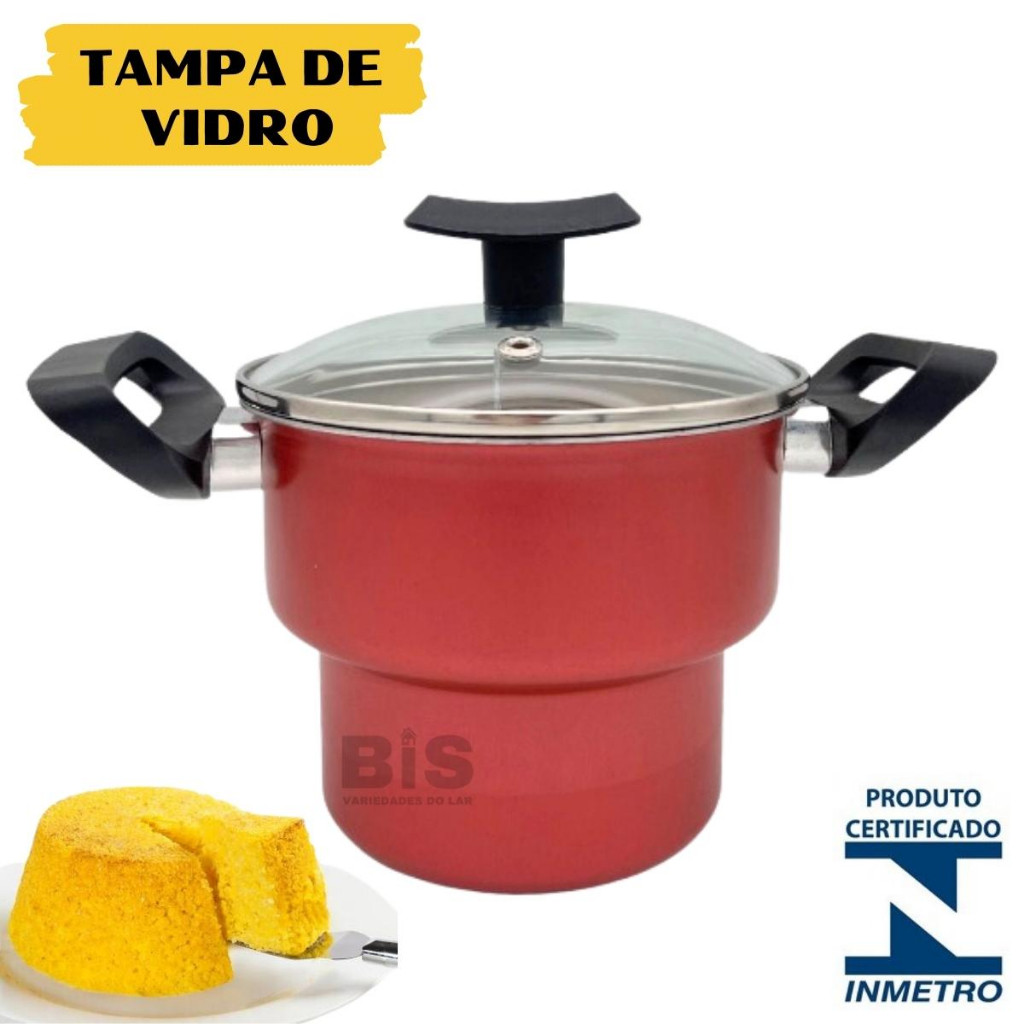 Cuscuzeira Antiaderente Com Tampa De Vidro Cuscuz Nordestino Cuscuzeiro N14 Teflon Vermelho